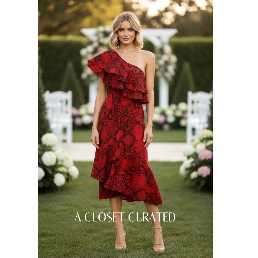 Solace London Heppy One Shoulder Crepe De Chine Midi Dress 0 Red NWT